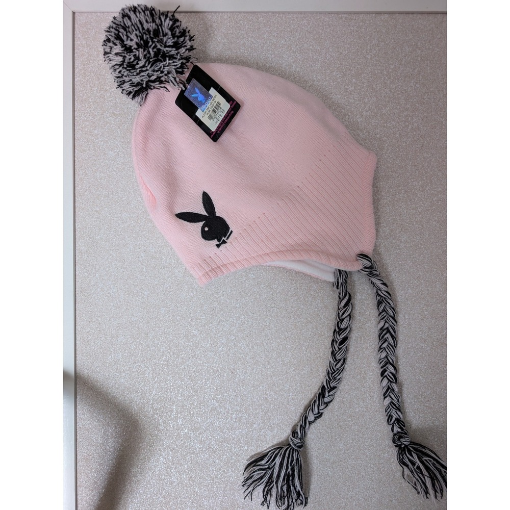 PLAYBOY BUNNY Pink Laplander Lined Beanie CAP With Pk/Bk Pom Pom Women's - Picture 6 of 6